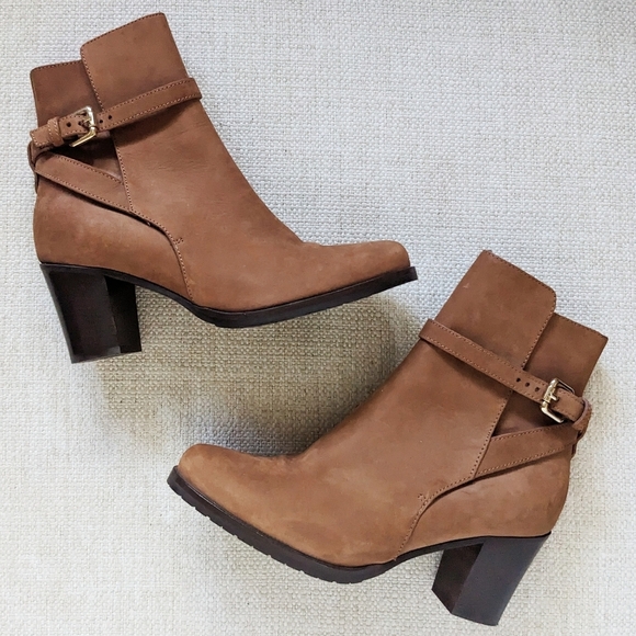 LK Bennett Aleena Booties Suede Leather Harness Ankle Brown Toffee Equestrian 38 - Picture 1 of 9
